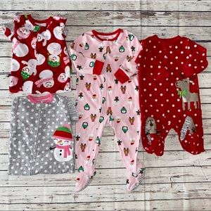 4 Christmas Holiday Fleece Zip Footie Pajamas